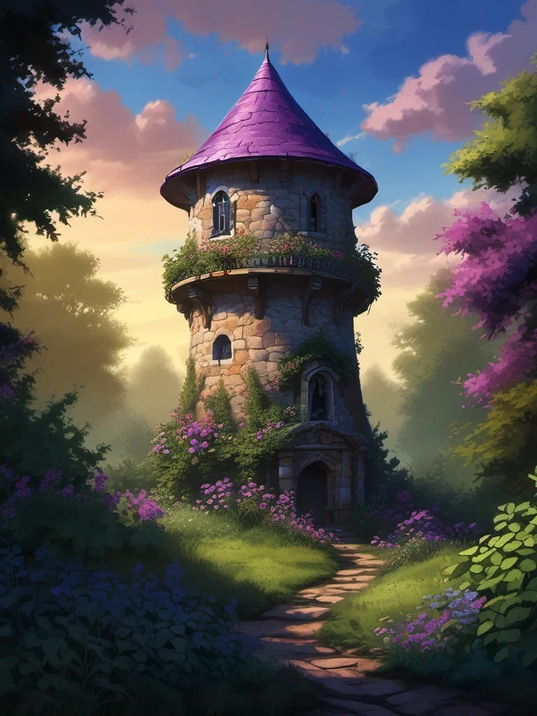 solitary stone tower blue roof forest clearing