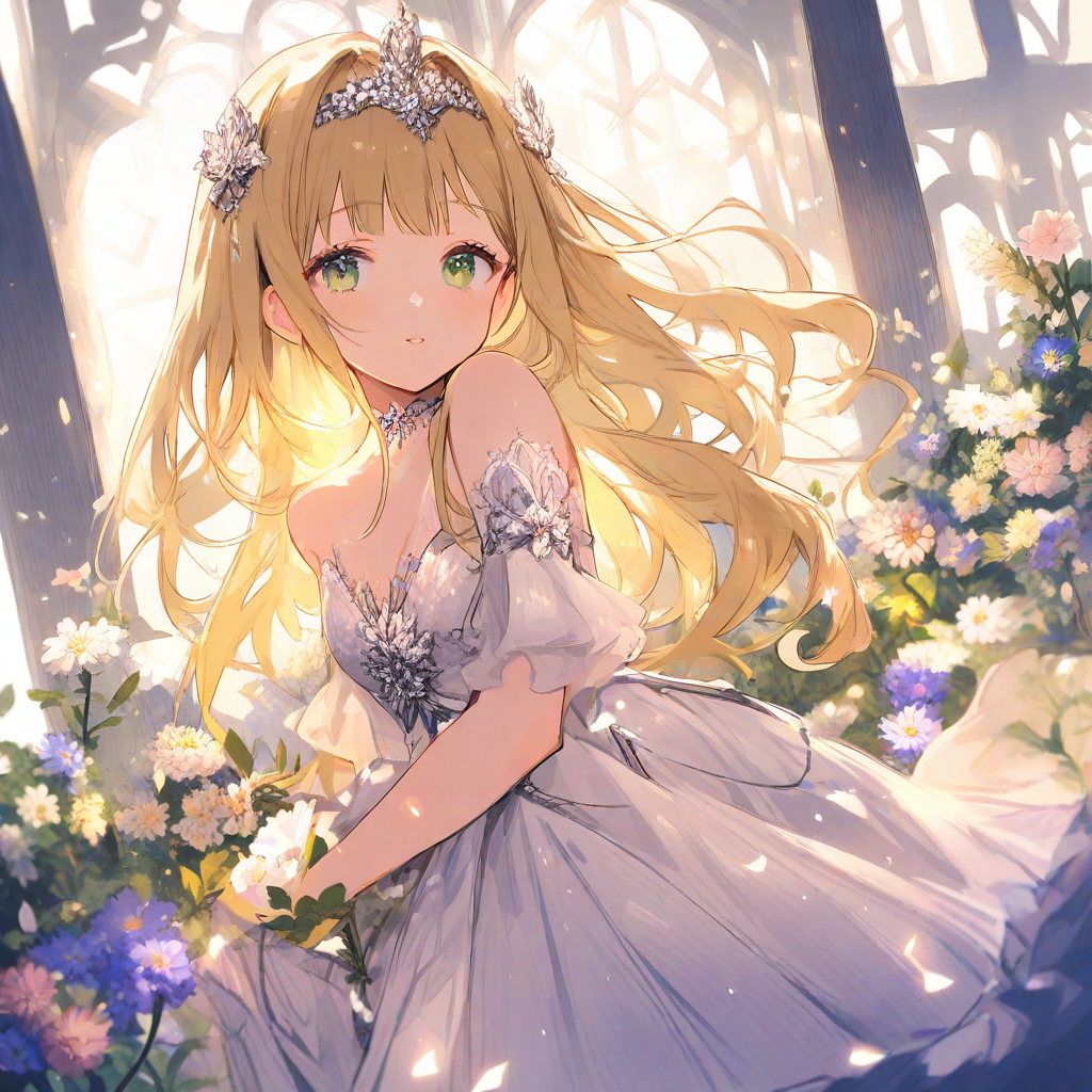 blonde princess long hair green eyes floral dress