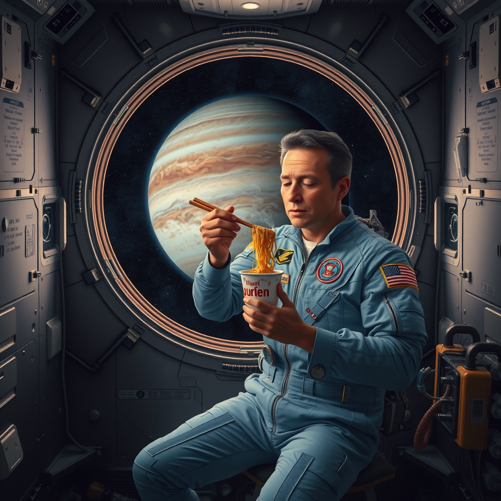 astronaut eating noodles in spaceship