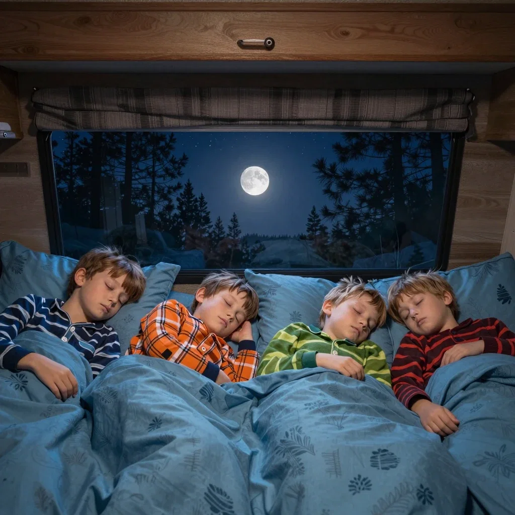 boys sleeping in camper under moonlight