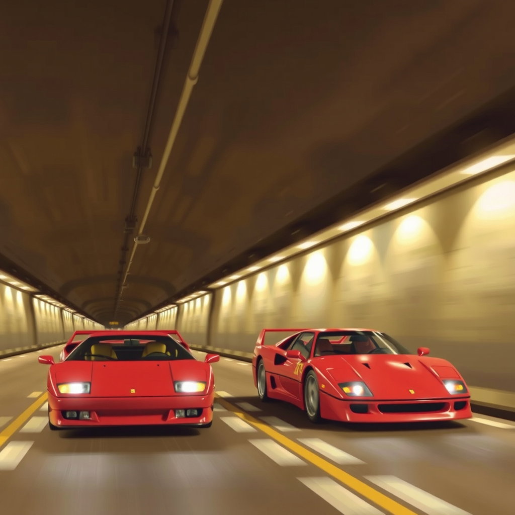 lamborghini diablo vs ferrari f40 neon tokyo tunnel night