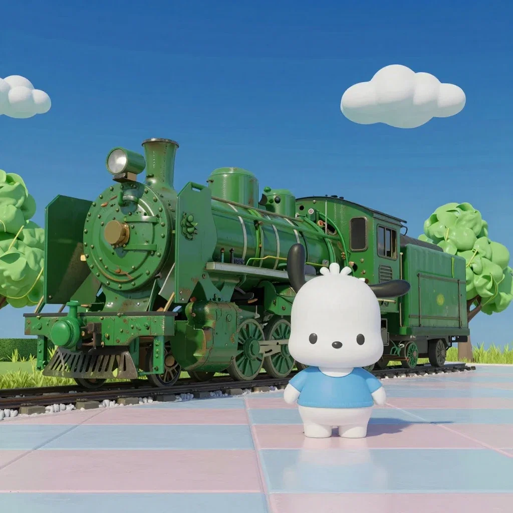 cute pochacco leaning against green steam locomotive