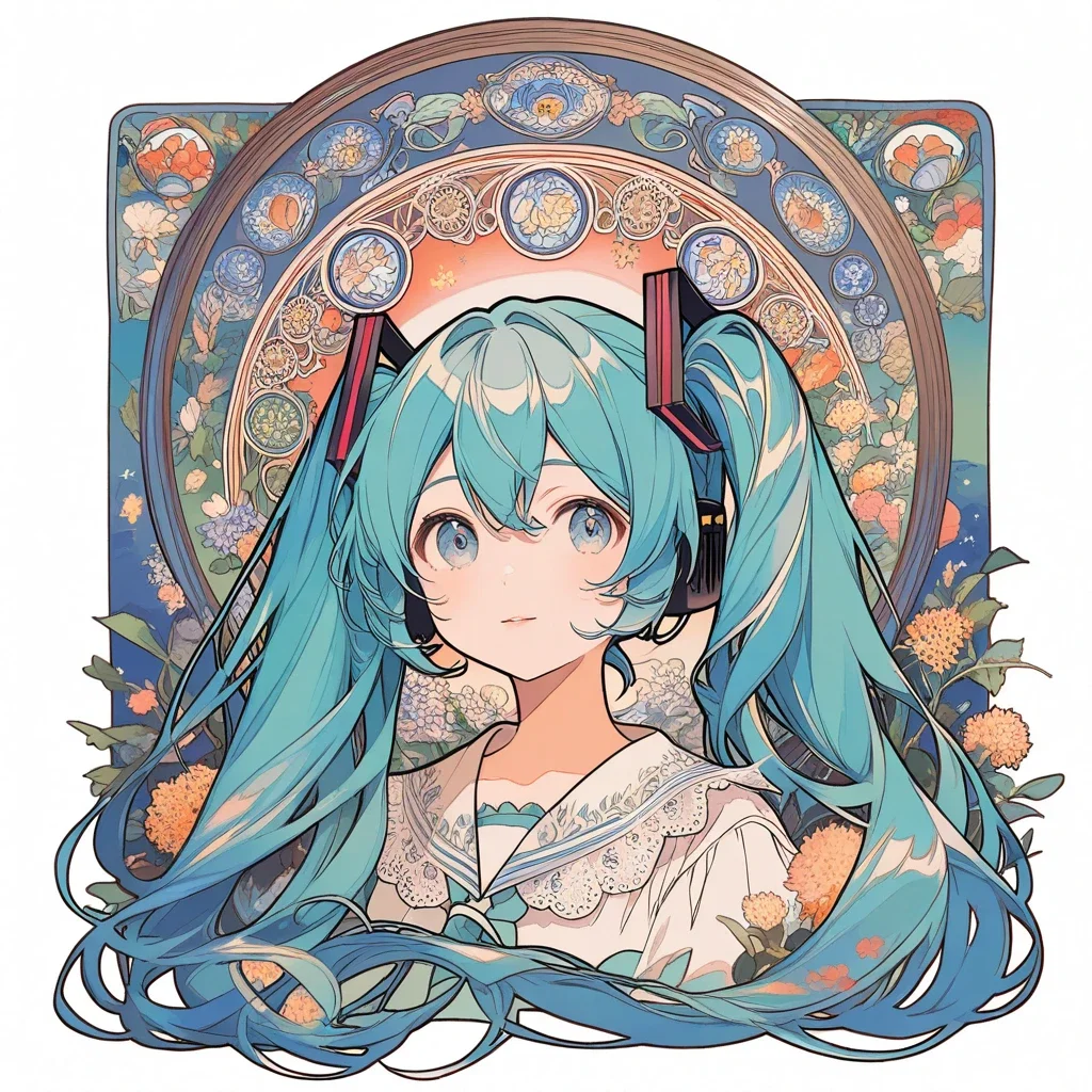 art nouveau watercolor portrait of hatsune miku