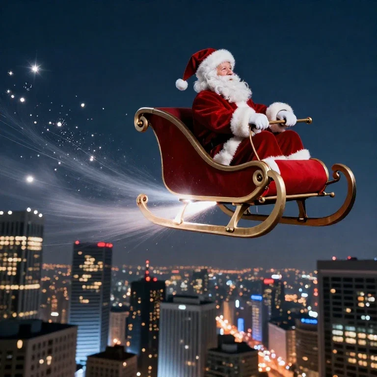 santa flying in sleigh above city