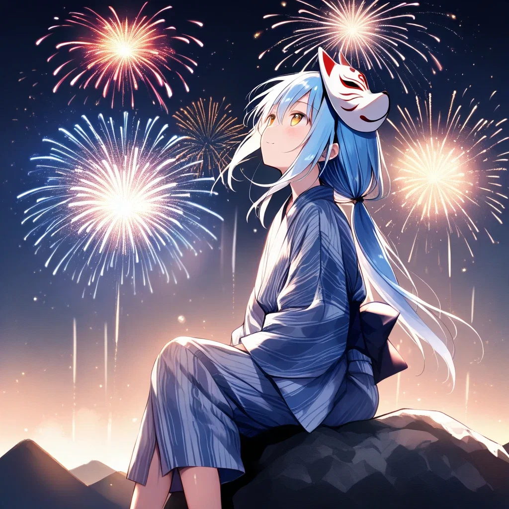 rimuru tempest blue hair yellow eyes yukata night fireworks