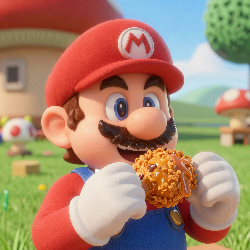 mario eating fried chicken in mushroom world