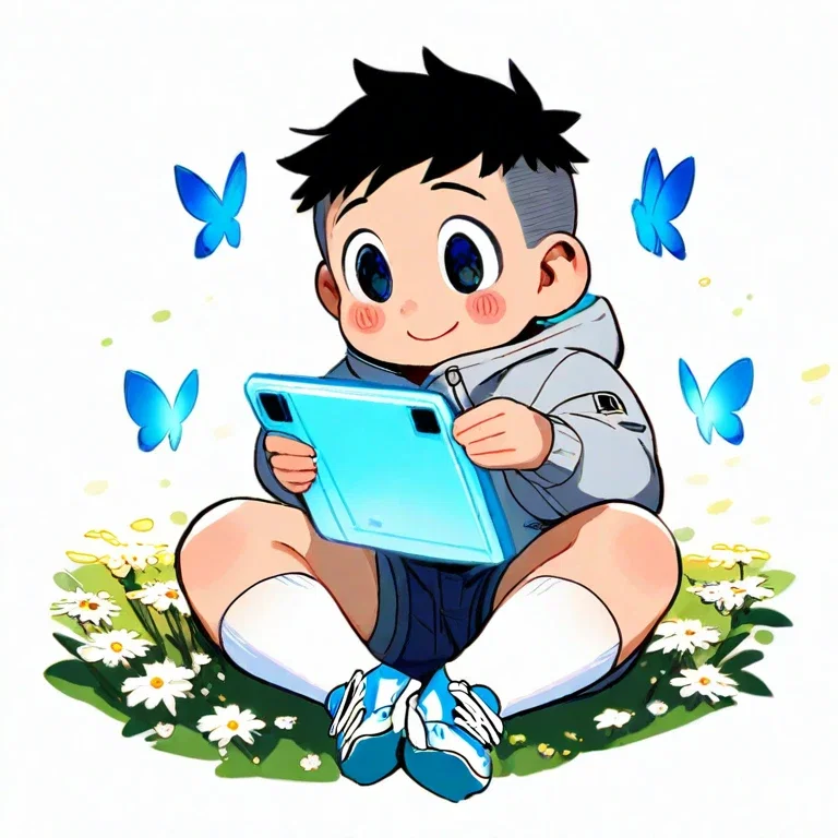 chubby boy in flower field with tablet