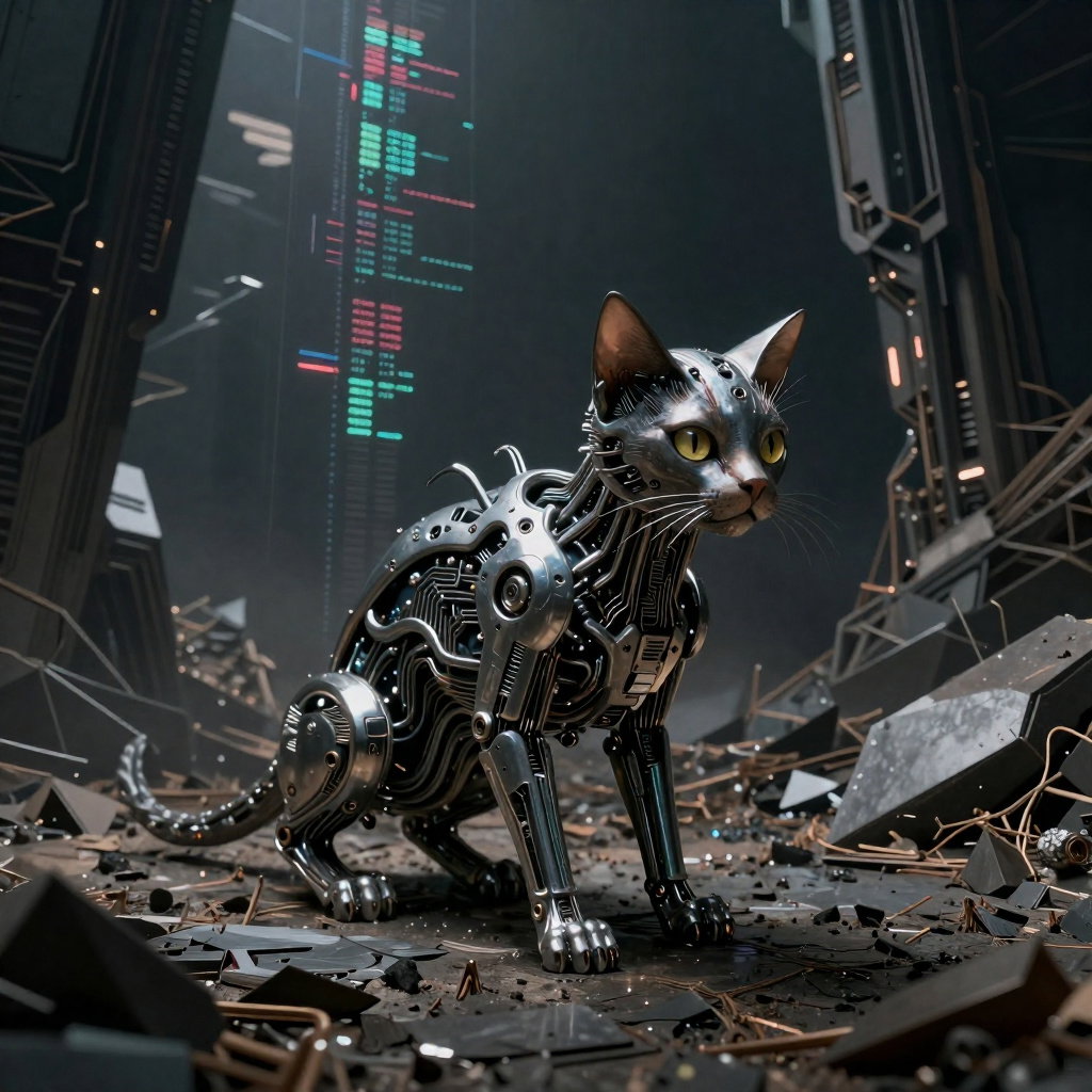 surreal biomechanical cat dystopian wasteland nano circuitry