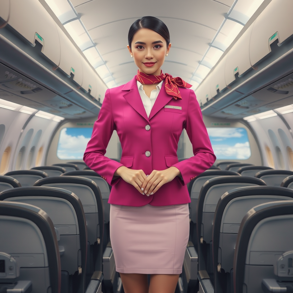 hyperrealistic photography stunning chinese flight attendant pink blazer