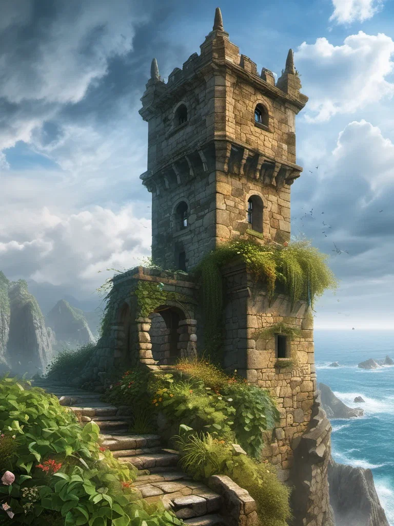majestic weathered stone tower with ivy and stormy sunbeams