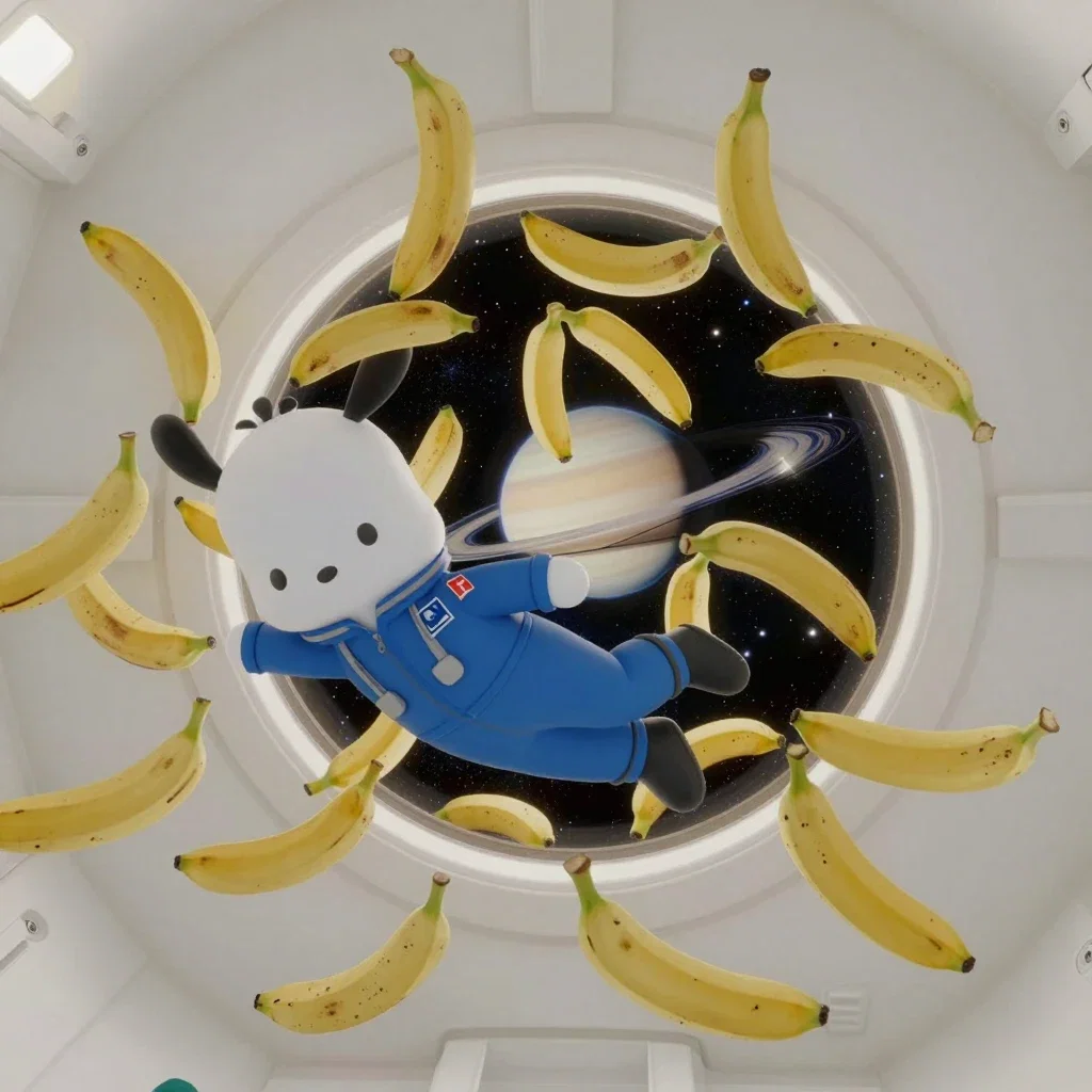 pochacco astronaut floating among bananas