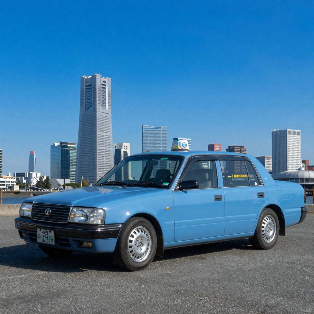 hyperrealistic photography blue toyota crown taxi yokohama waterfront