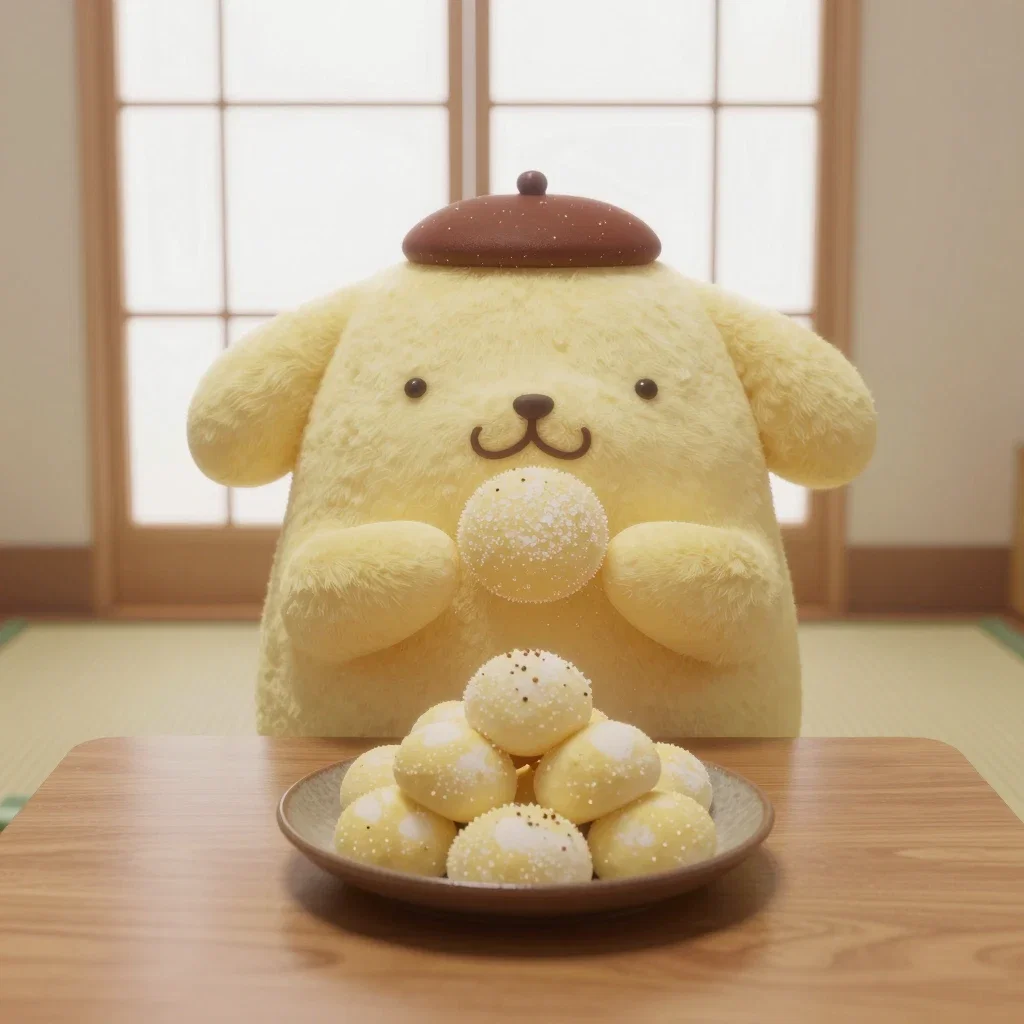 pompompurin eating yellow mochi japanese room