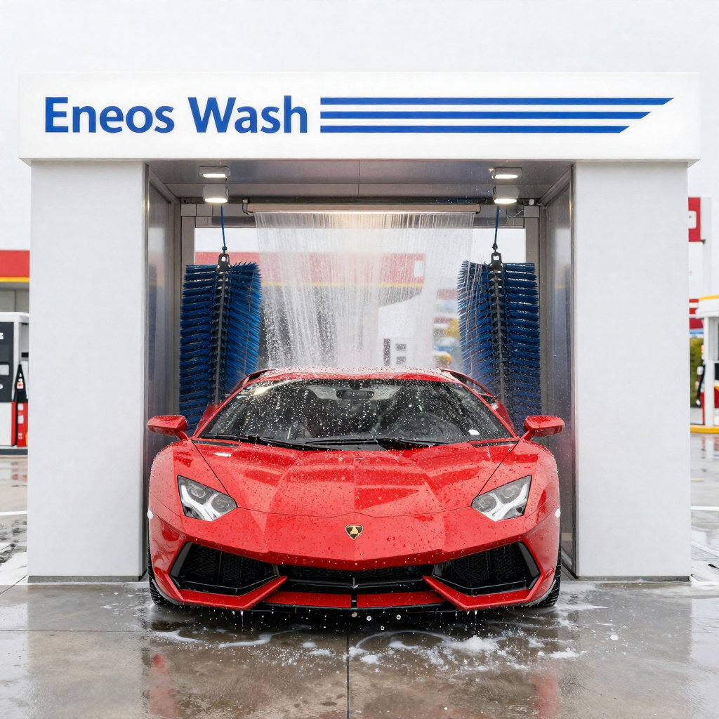 scarlet lamborghini in car wash foam brushes reflections
