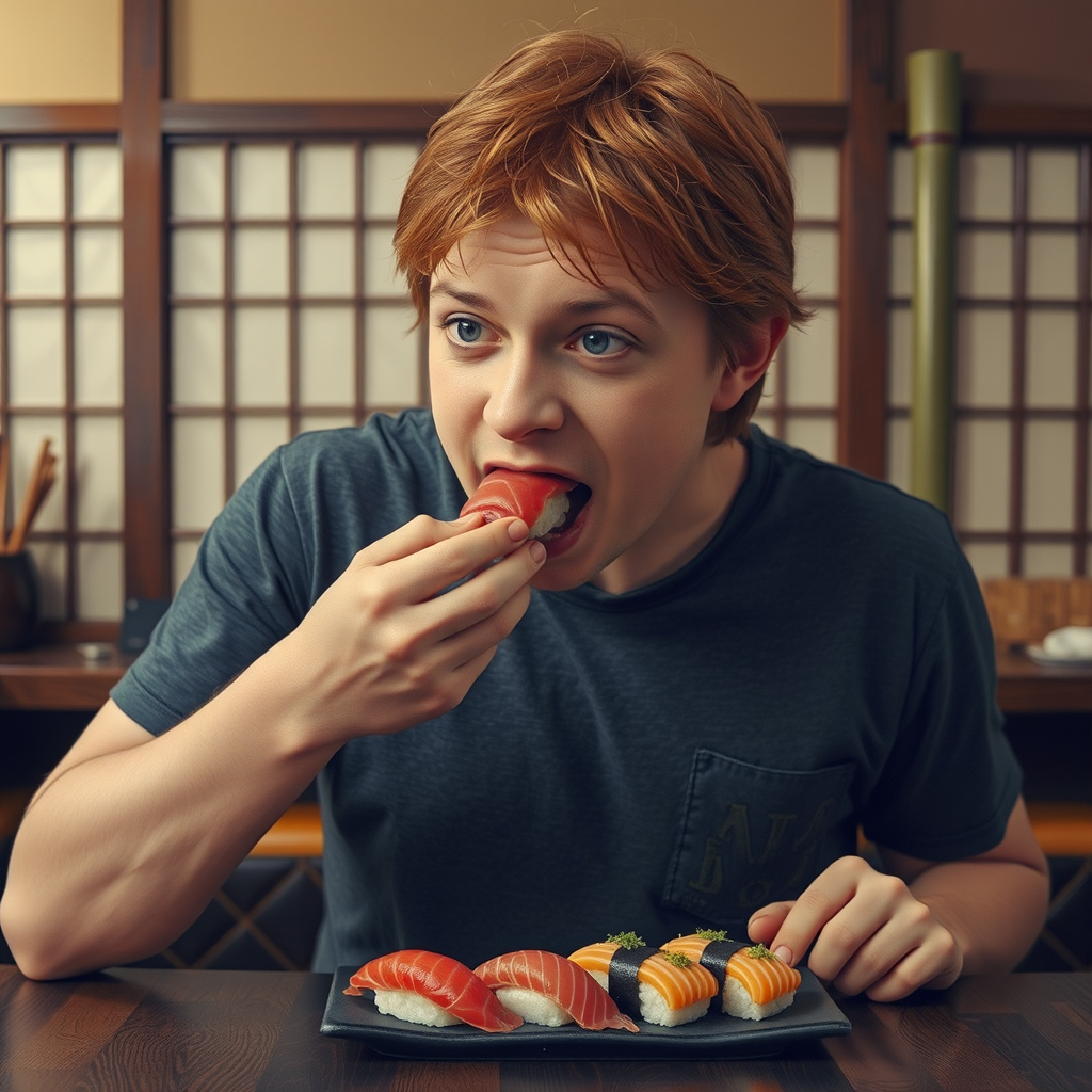 ron weasley eating sushi in bar