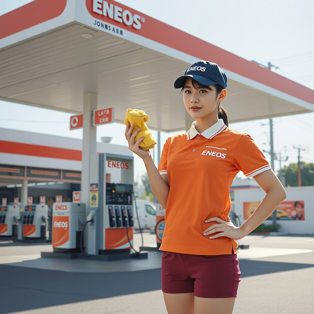 ultra photorealistic japanese eneos gas station clerk