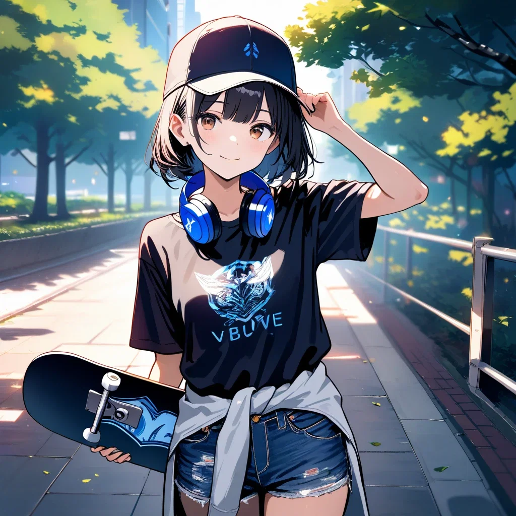 cute girl skateboard street scene detailed art