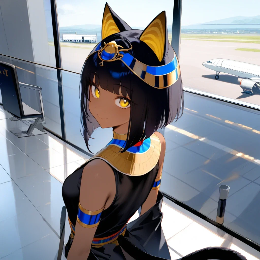 ancient egyptian cat girl at airport