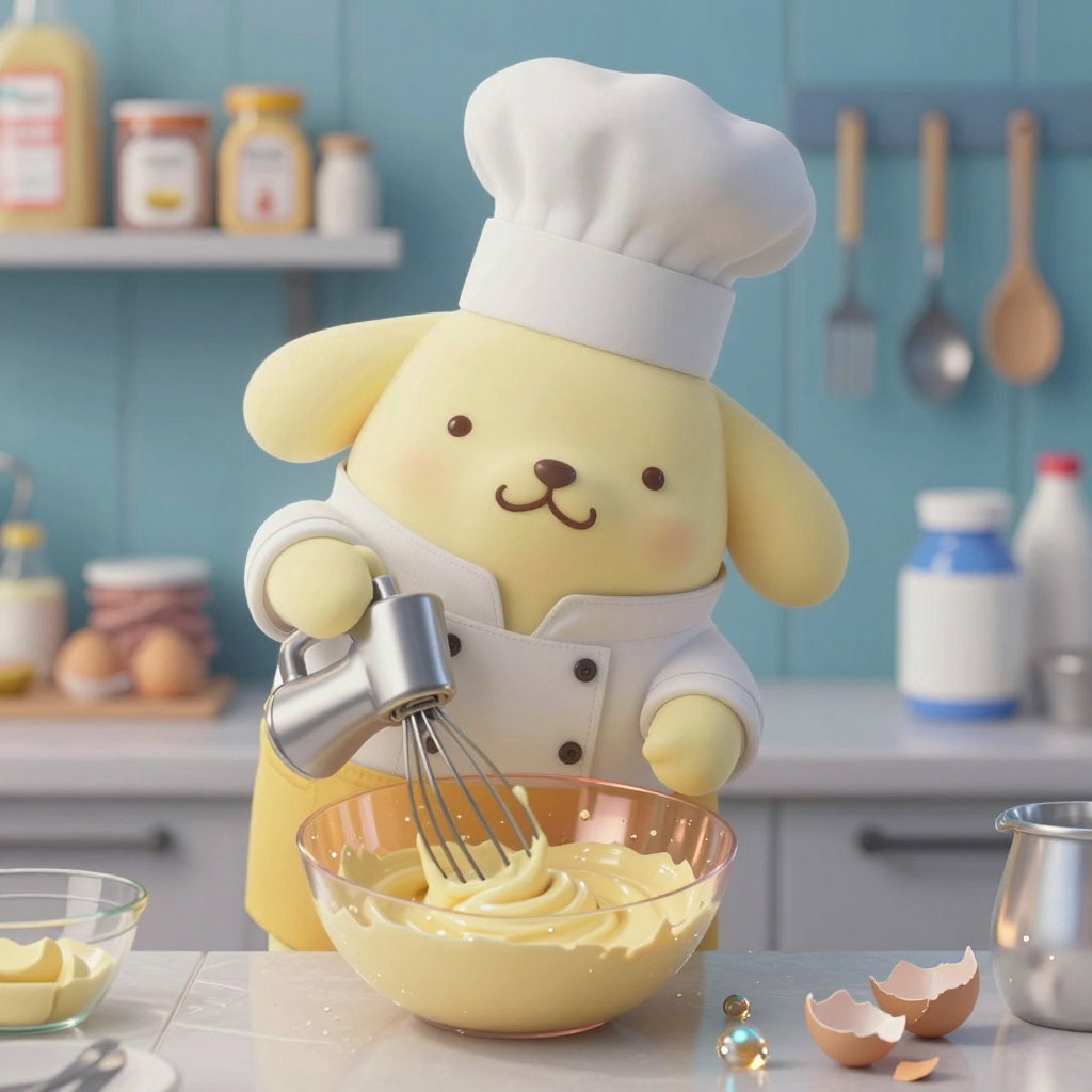pompompurin as pastry chef whisking custard