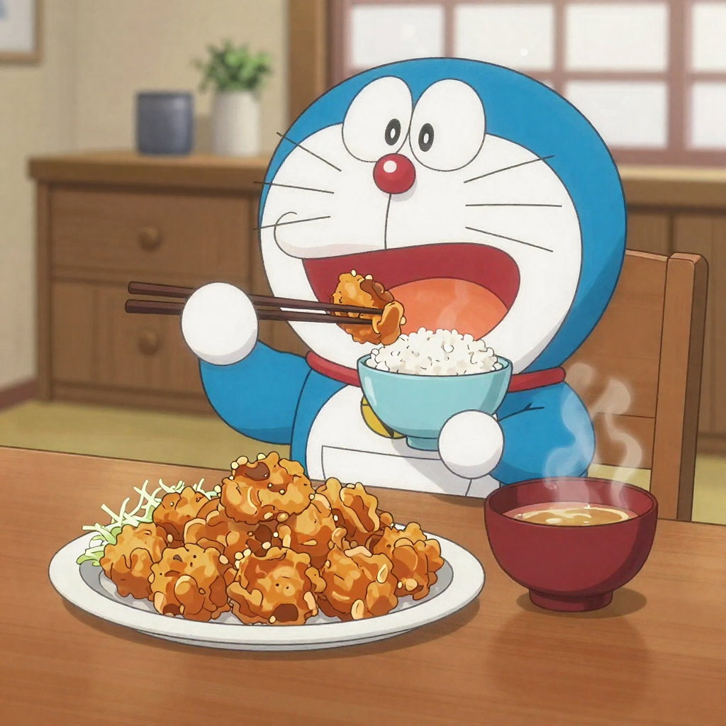 doraemon eating rice intensely with chopsticks
