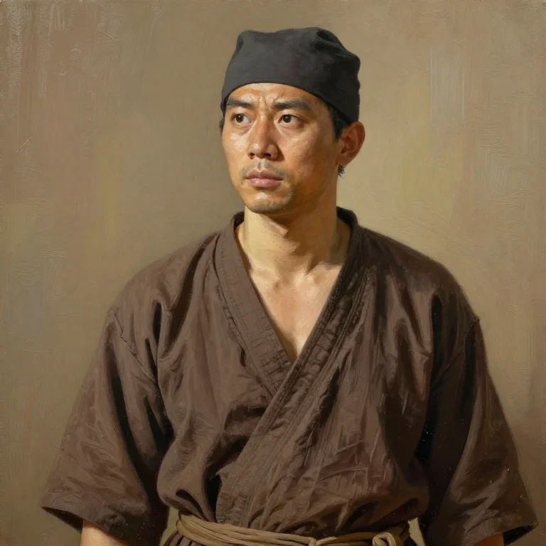 asian medieval janitor khaki background cinematic
