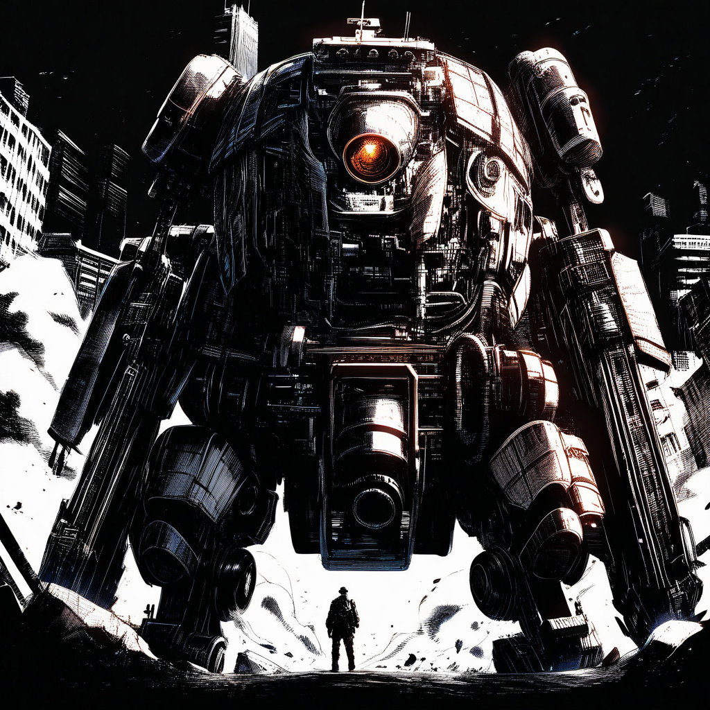 high contrast cinematic military urban warfare robot