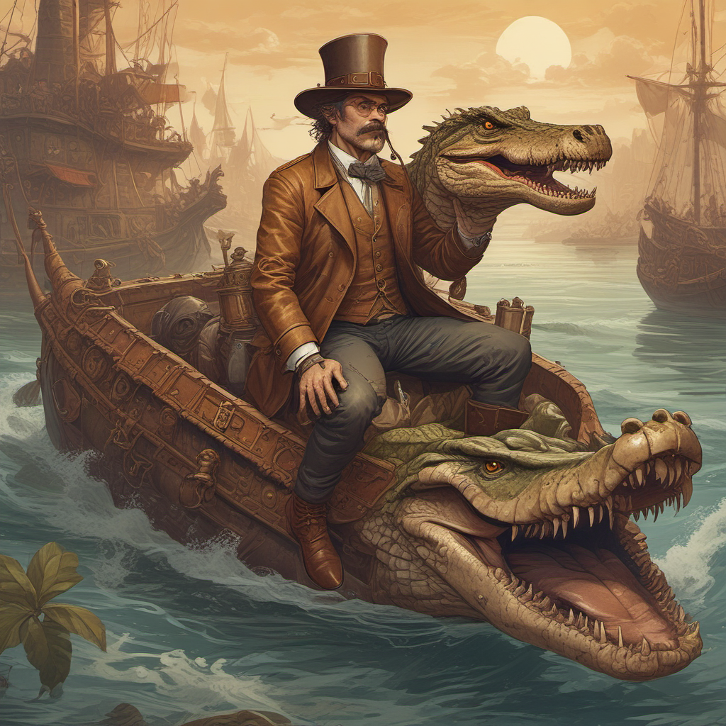 steampunk man riding crocodile fantasy world