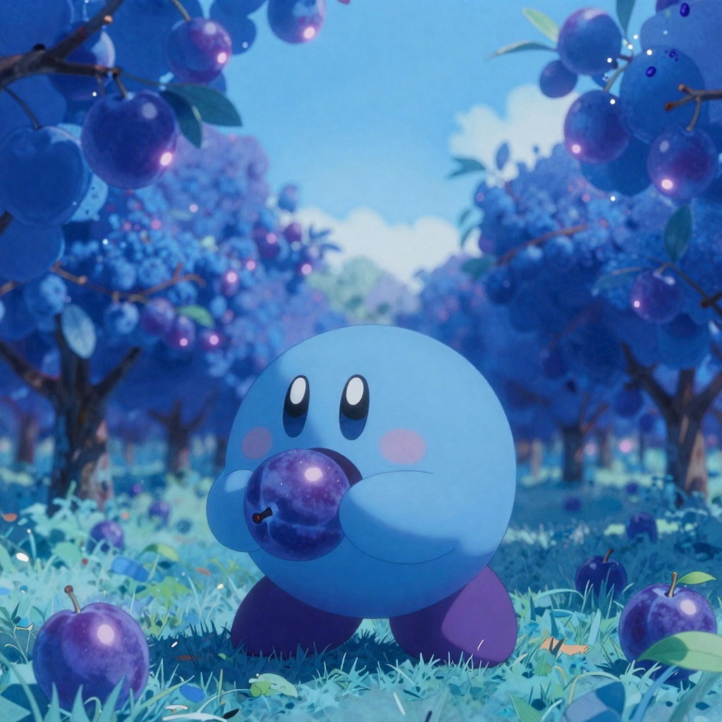 ghibli style kirby eating blue plums