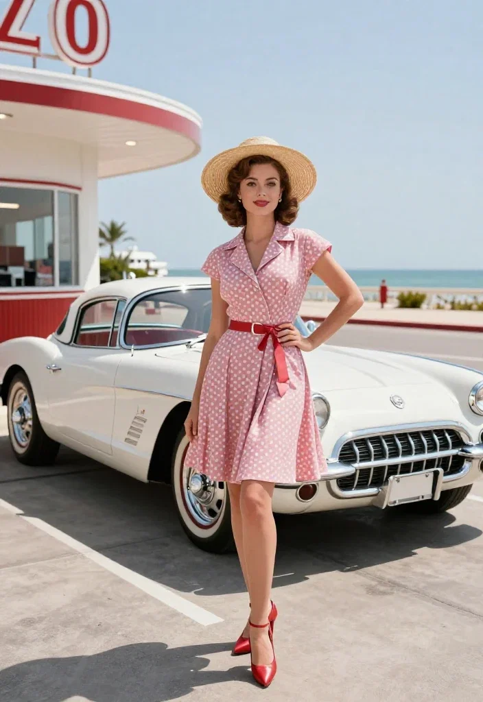 1970s pin up girl summer dress straw hat corvette