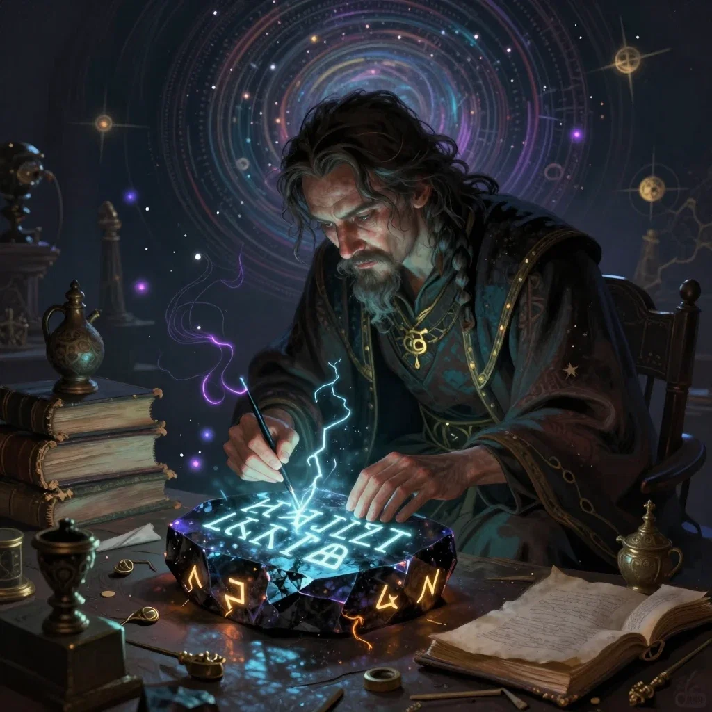 alchemist hunched over glowing ascii runes