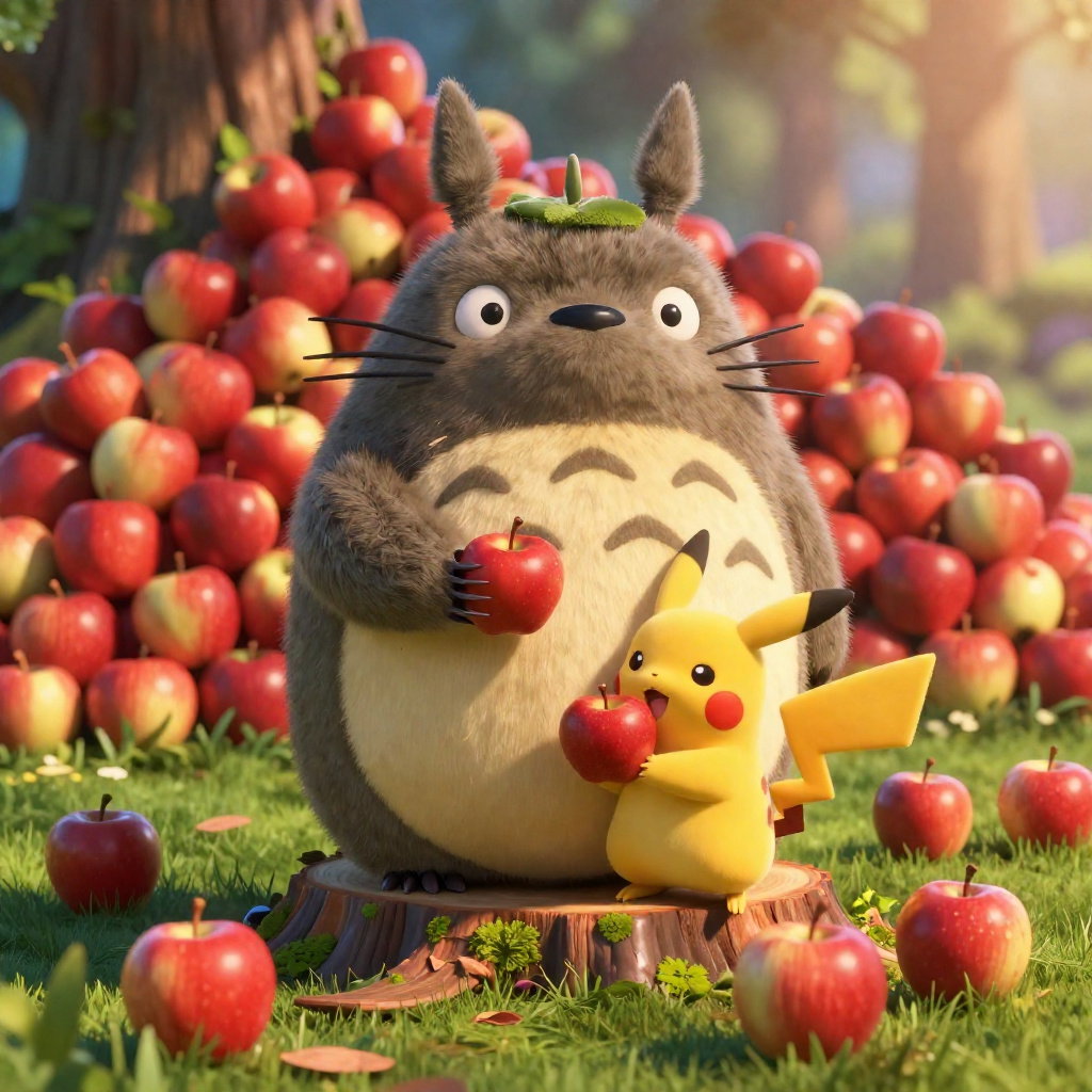 pixar style totoro pikachu share apples forest