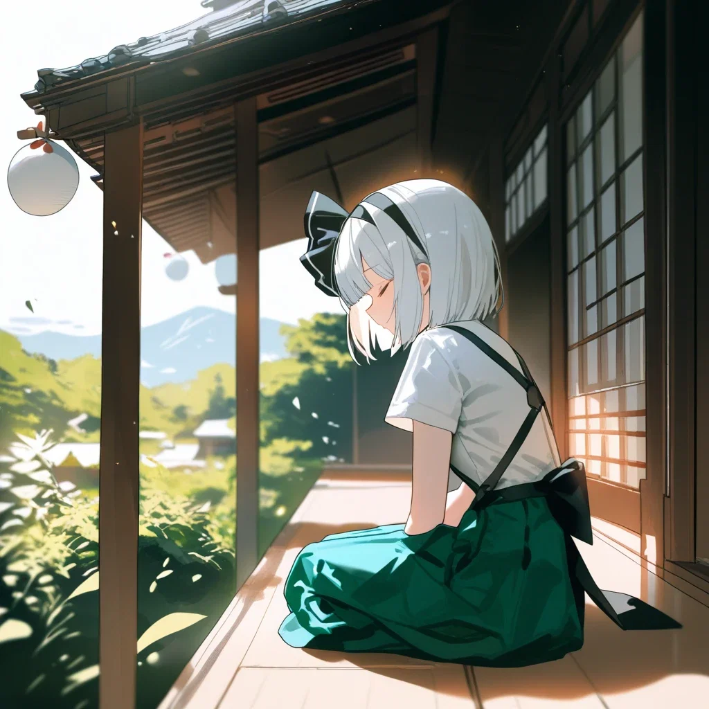 youmu white hair closed eyes seiza hands on lap