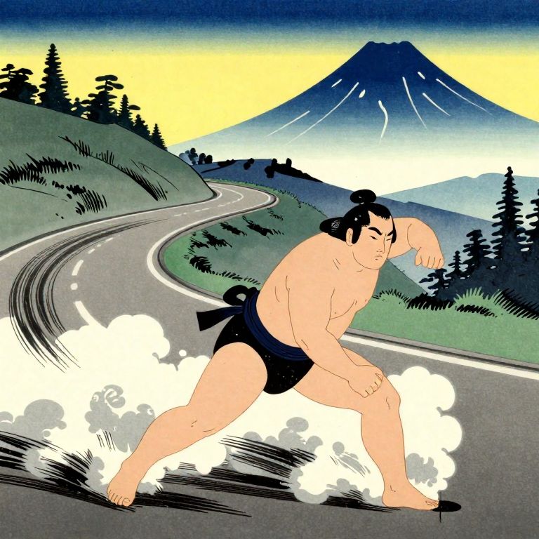 sumo wrestler tegatana mid drift dramatic smoke mountain road