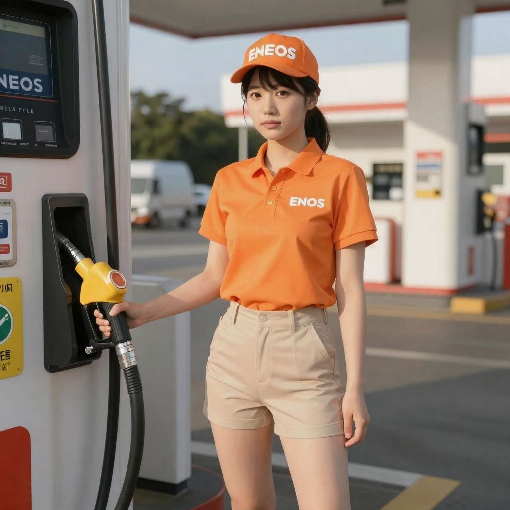 young japanese eneos attendant with gas nozzle