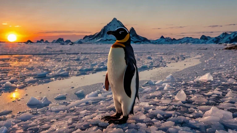 sun beach redsun down ice mountain penguin