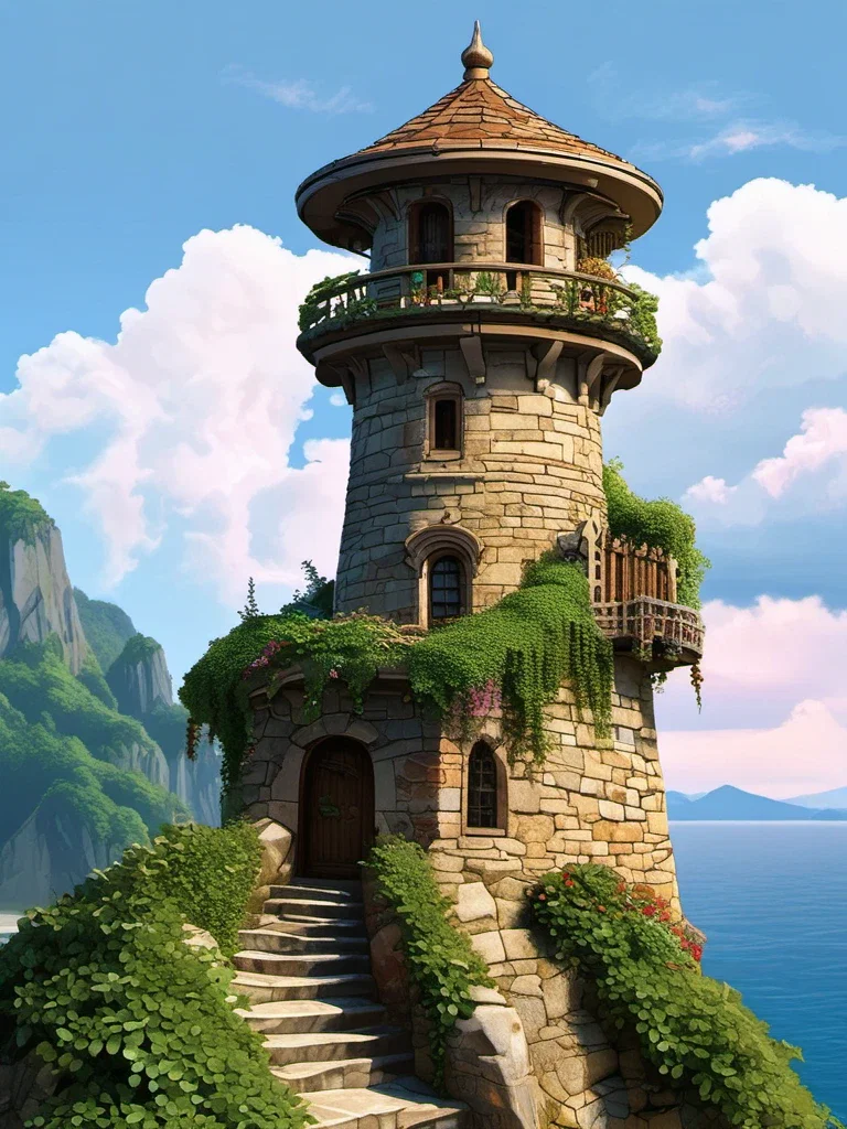 slender stone tower with conical roof and ivy