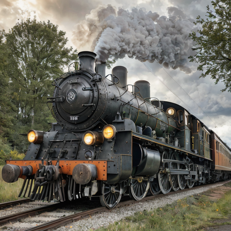ancient steam locomotive in sunlit landscape
