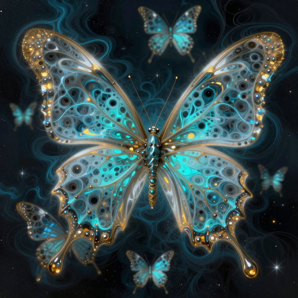 surreal biomechanical butterfly swarm cosmic void