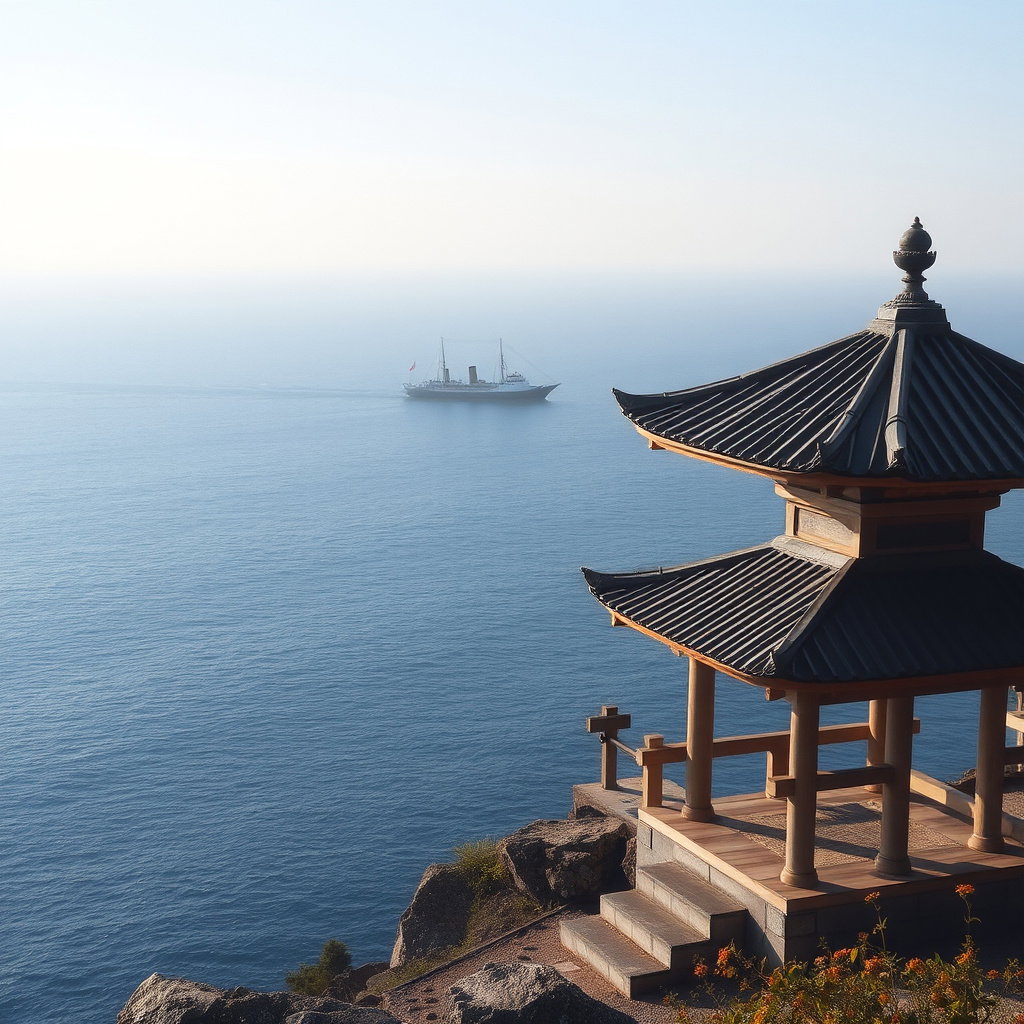shrine praying over distant sea