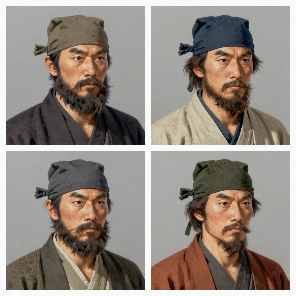medieval farmer with beard bandana cinematic realistic