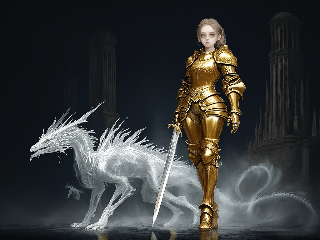 baroque fantasy girl golden armor dragon sword