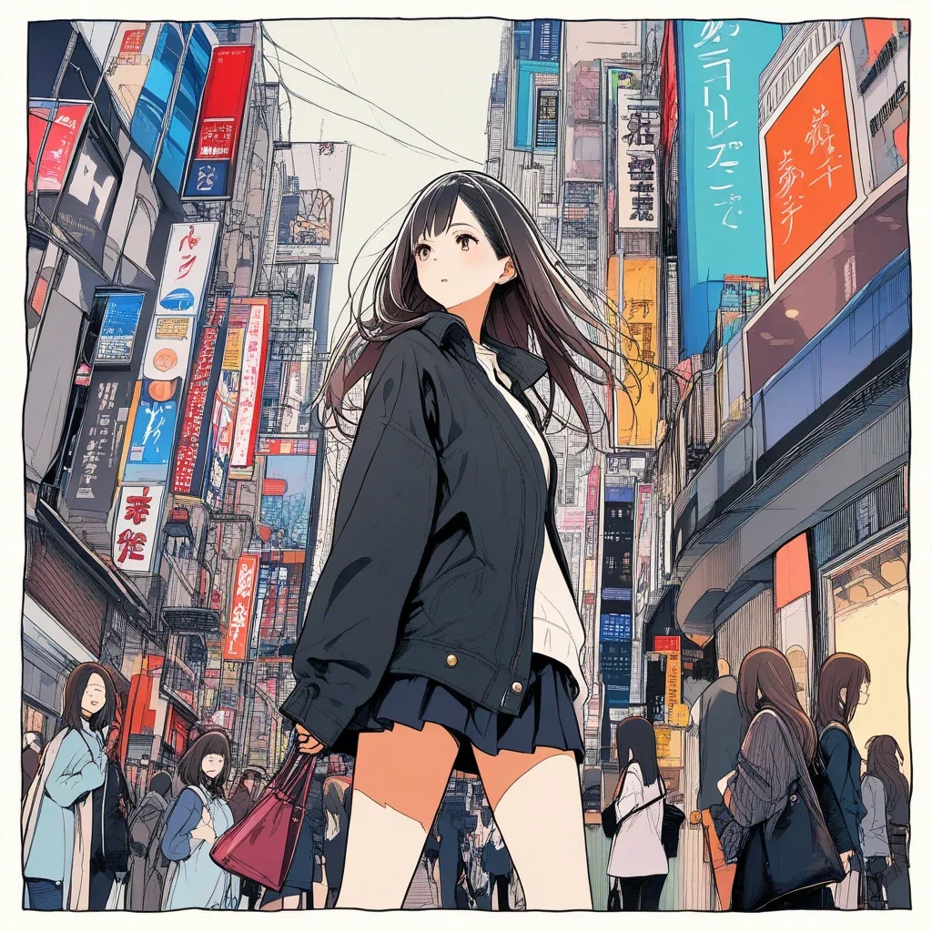 stylish girl walking shibuya detailed line drawing