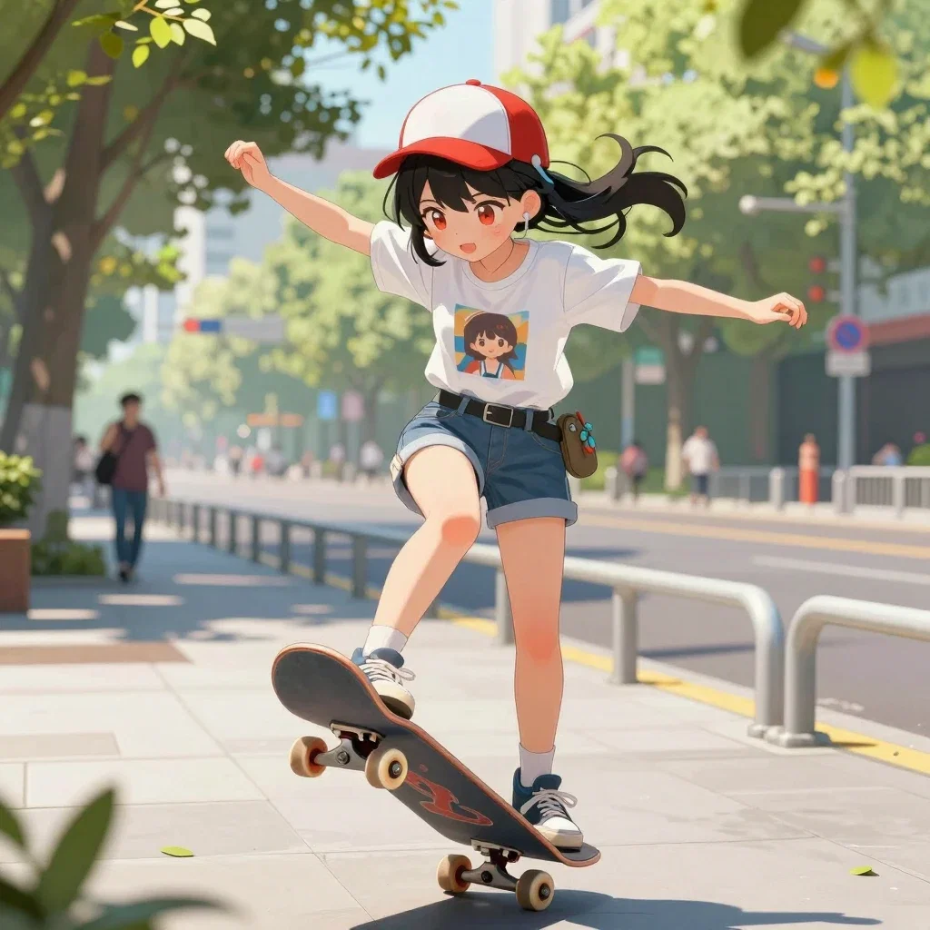 anime girl skateboarding city tricks