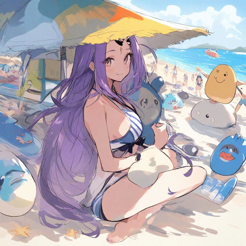 violet haired ogress with horn smiling beach