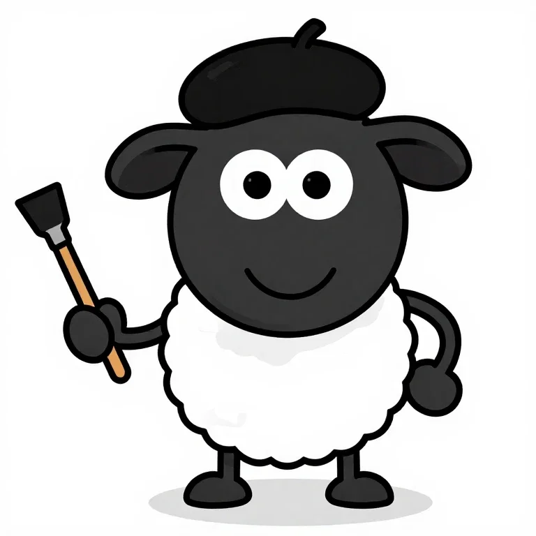 cartoon black white sheep painter beret smiling