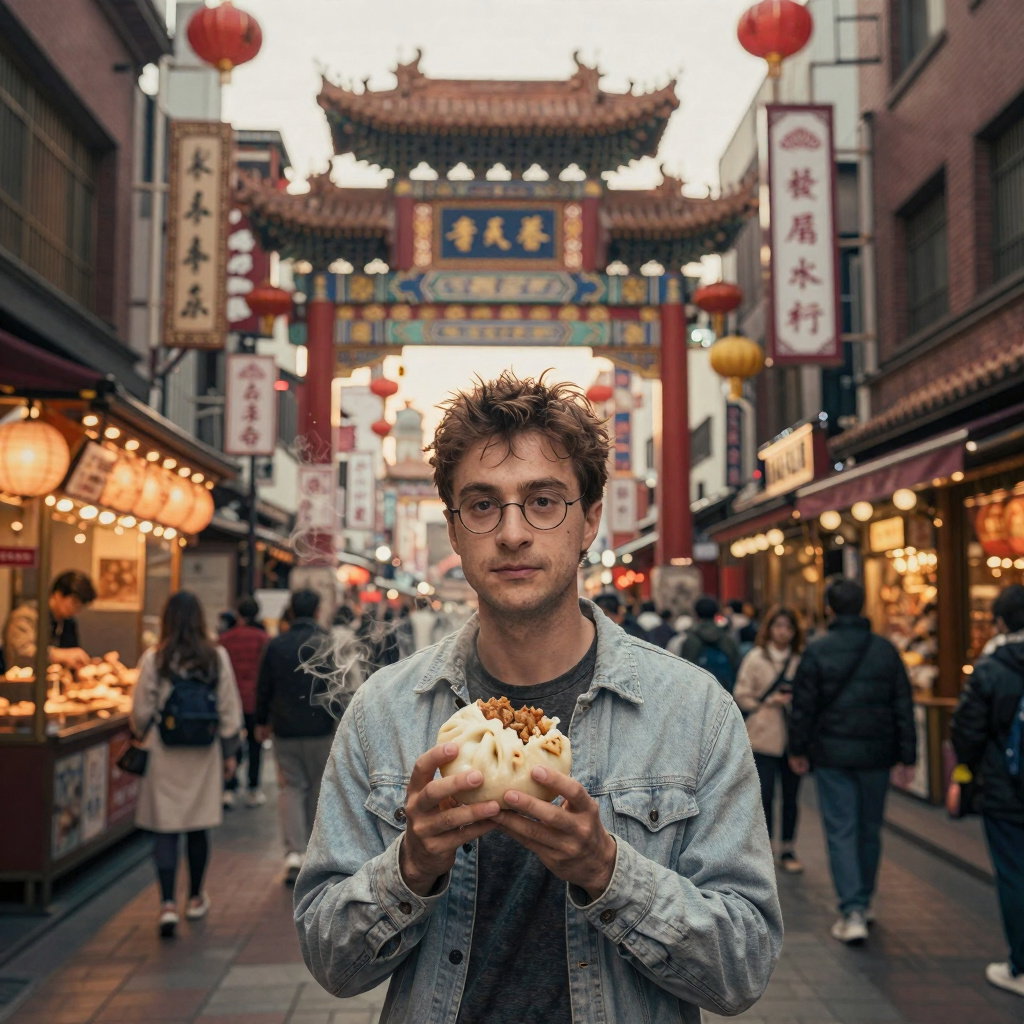harry potter eats pork bun in yokohama chinatown