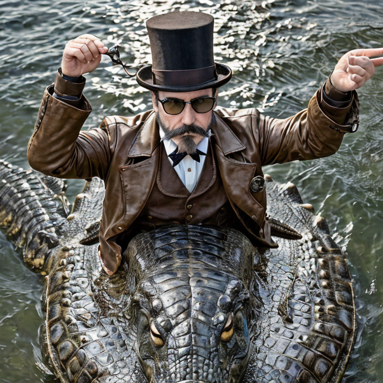 steampunk man riding crocodile fantasy world