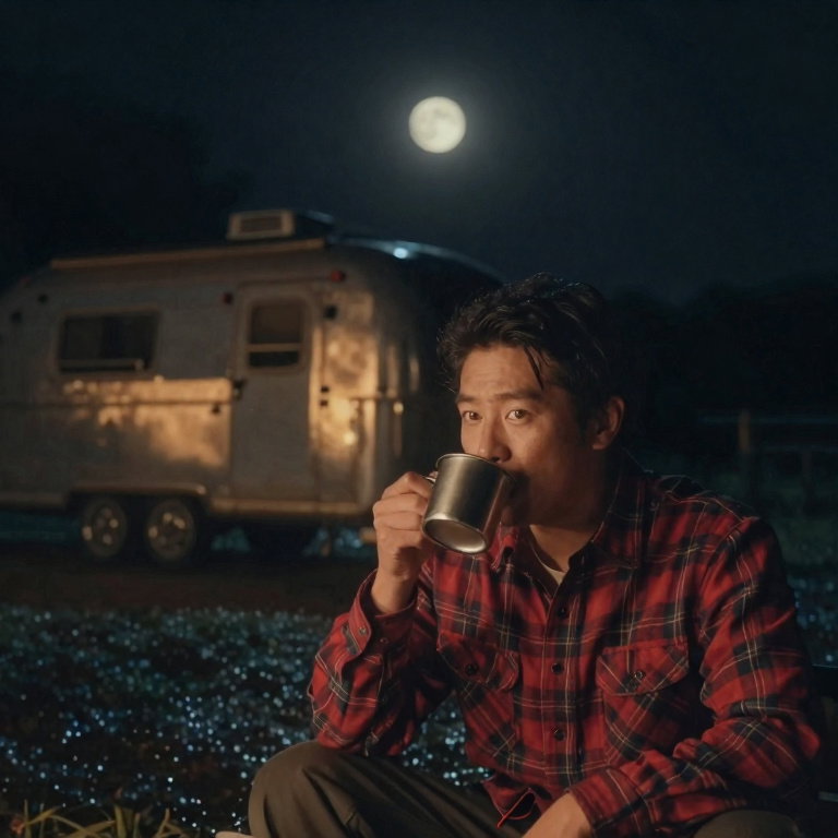 30s japanese man flannel shirt coffee mug moonlight airstream