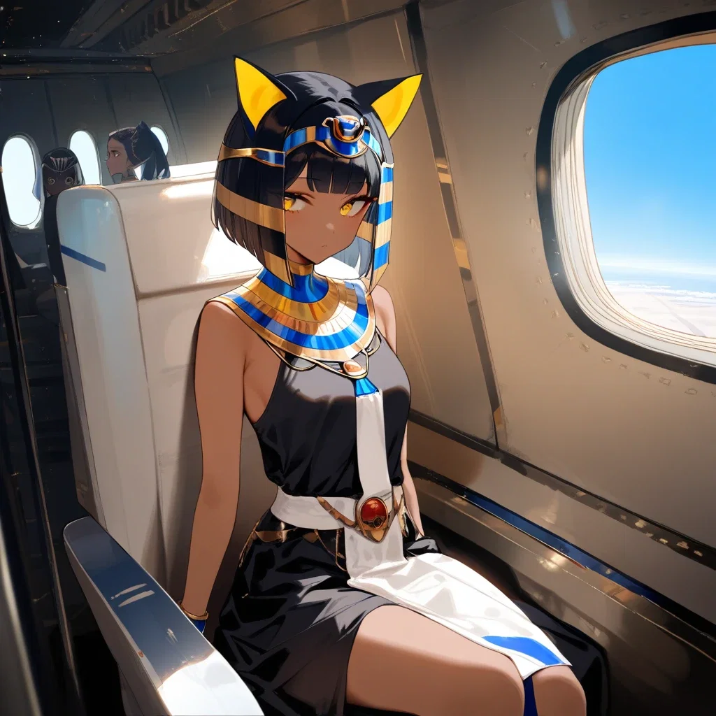 ancient egyptian cat girl in airplane