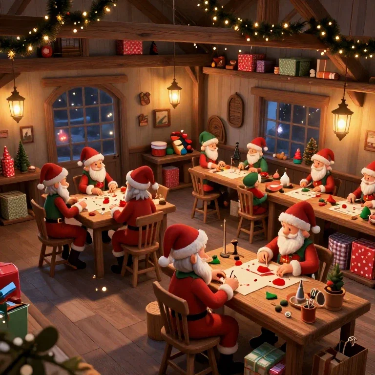santas workshop elves crafting toys magical fantasy